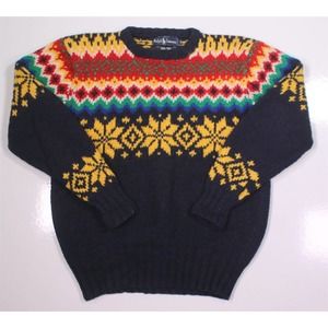 Polo Ralph Lauren Vintage Hand Knit Fair Isle Wool Ski Snowflake Sweater~ Small